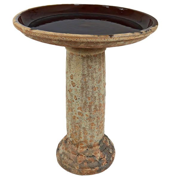 Sunnydaze Toulon Lava Finish Ceramic Birdbath - Brown Distressed Ceramic