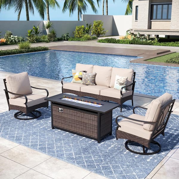 PHI VILLA Brown Rattan 4-Piece 5 Seat Steel Outdoor Patio Conversation Set with Beige Cushions, Swivel Sofas and Wood-Grain Table
