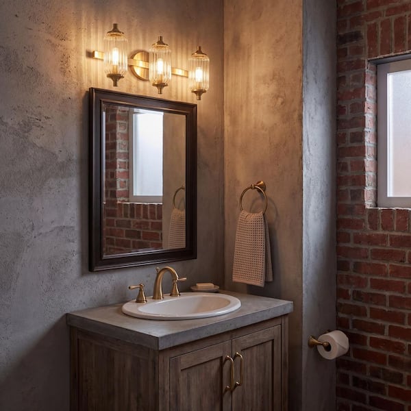 Holton 24 in. W x 9 in. H 3-Light Warm Brass Bathroom Vanity Light with Clear Ribbed Glass Shades