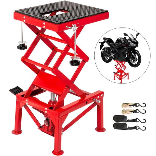 VEVOR Hydraulic Motorcycle Lift Stand300 Lbs. Scissor Lift Table Adjustable 13.78 in. to 34.25 in. with Fastening Straps, Red