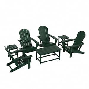 Laguna 7-Piece Fade Resistant Outdoor Patio HDPE Poly Plastic Folding Adirondack Chair Conversation Set in Dark Green