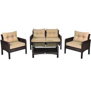4-Piece Wicker Patio Conversation Set with Coffee Cushion and Coffee Table