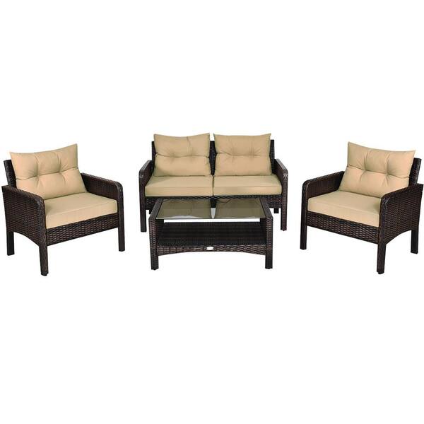 ANGELES HOME 4-Piece Wicker Patio Conversation Set with Coffee Cushion and Coffee Table