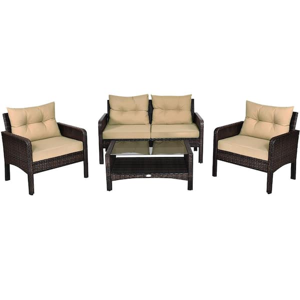 FORCLOVER 4-Piece Wicker Patio Conversation Set with 8 Khaki Seat and Back Cushions
