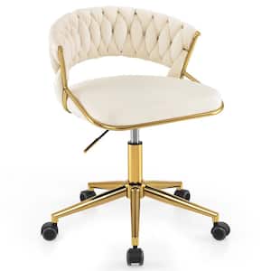 Upholstered Polyster Swivel Ergonomic Home Office Desk Chair in Beige with Hand-woven Back