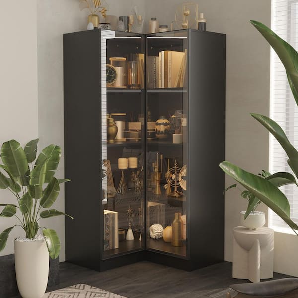 FUFU&GAGA Black Wood 31.5 in. W Display Cabinet Corner Cabinet with Glass Doors, 3 Colors LED Lights