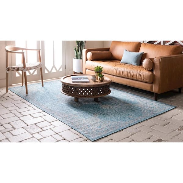 Aqua Blue Antique 8 ft. x 11 ft. Indoor/Outdoor Area Rug