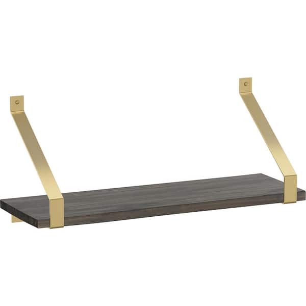 Liberty 24 in. x 8 in. x 6 in. Dark Stained Solid Pine Wood Decorative Wall Shelf with Satin Gold Rustic Steel Brackets