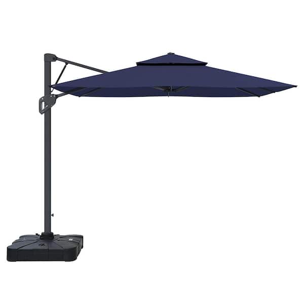 Clihome 10 ft. x 10 ft. Outdoor Pneumatic Lever Cantilever Umbrella Patio Umbrella in Navy Blue with Umbrella Base