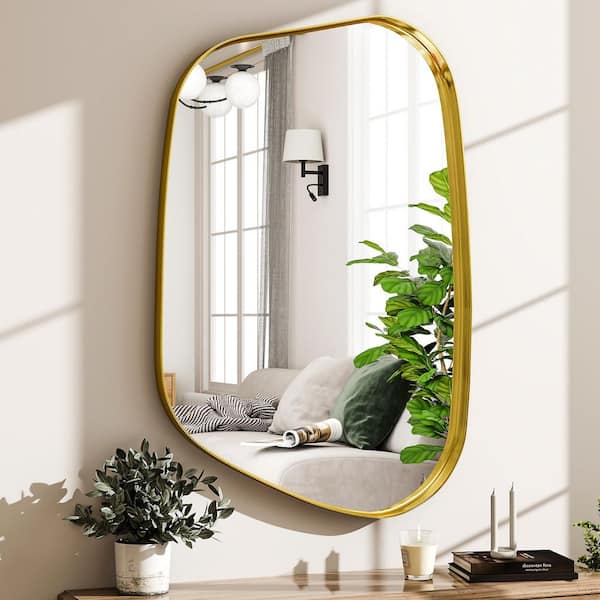 XRAMFY Gold 24 in. W x 36 in. H Irregular Modern Aluminum Alloy Deep Framed Vanity Mirror Wall Mirror