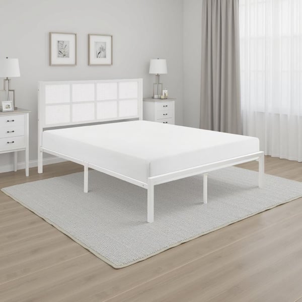 Benjara Annie White Metal Frame Twin Size Platform Bed with Headboard