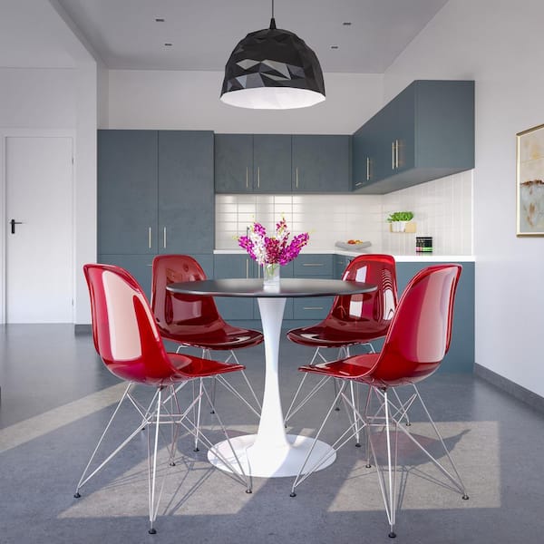 5-Piece Dining Set 35 in. Round MDF Wood Dining Table with 4-ABS Plastic Side Chairs Chrome Base in Transparent Black