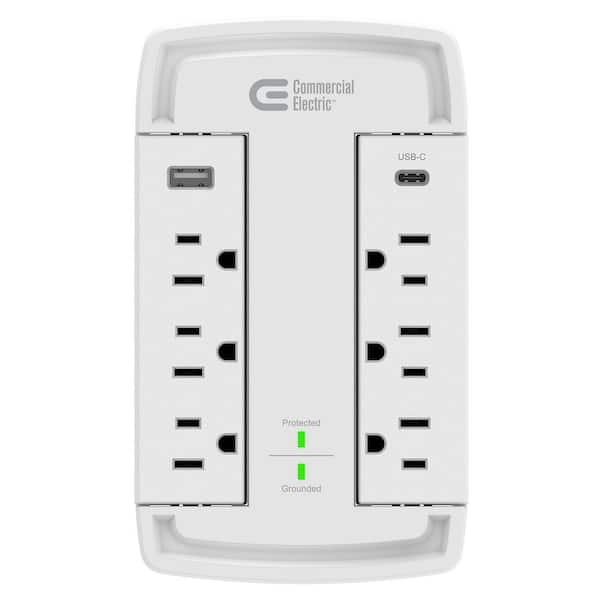 6-Outlet Wall Mounted Swivel Surge Protector with 1 USB-A and 1 USB-C, White
