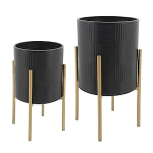 Stylish Metal Black Planter With Stand - Set of 2