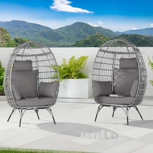 Oversized Outdoor Gray RatTan Egg Chair Patio Chaise Lounge Indoor Basket Chair with Gray Cushion (2-Pieces)