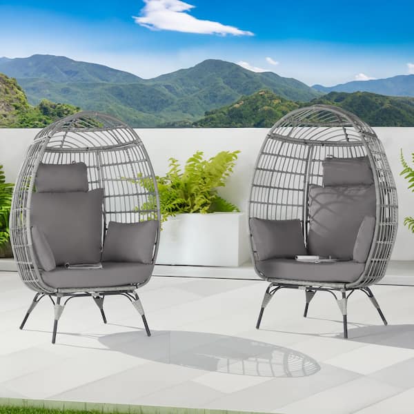 SANSTAR Oversized Outdoor Gray RatTan Egg Chair Patio Chaise Lounge Indoor Basket Chair with Gray Cushion (2-Pieces)