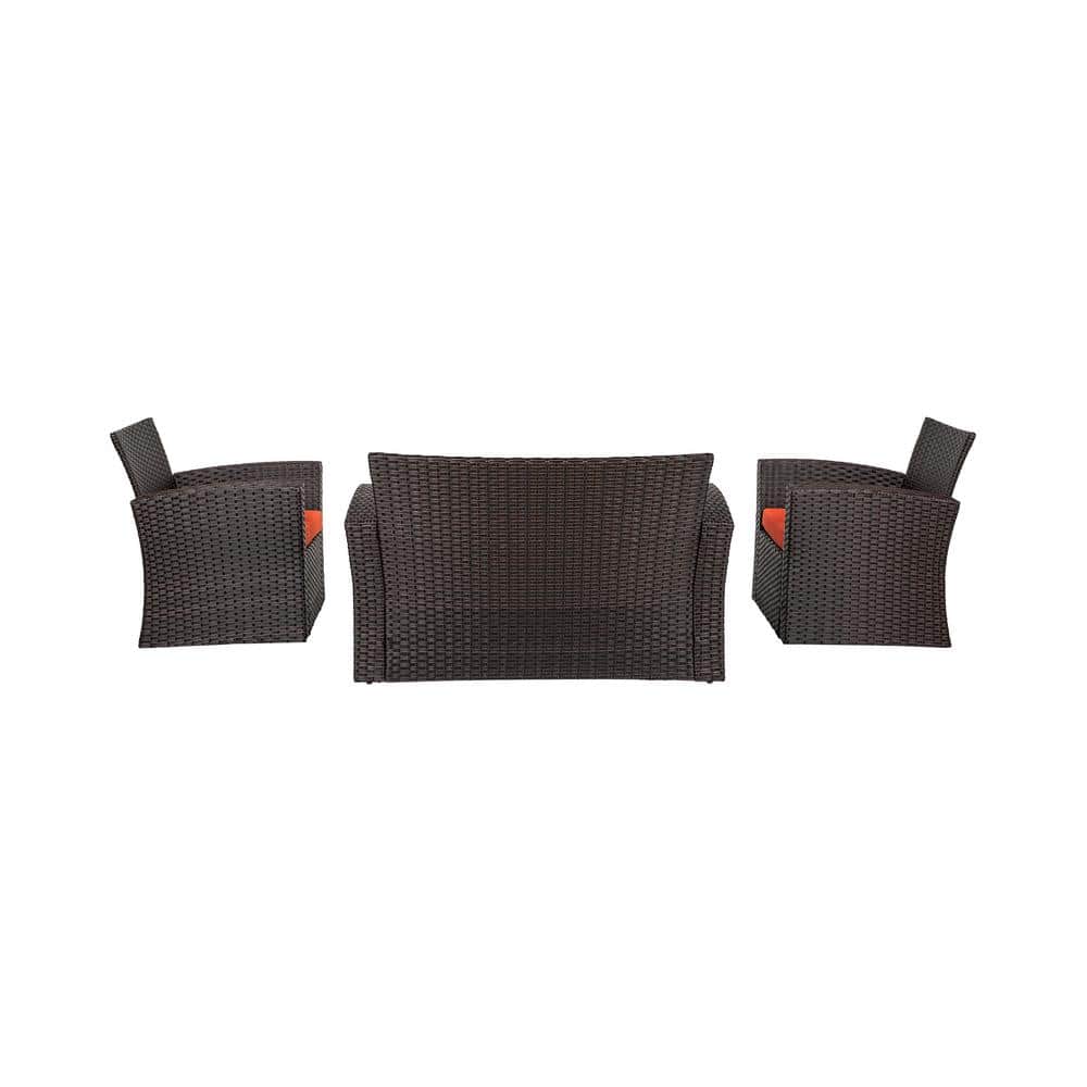 Grandview Outdoor Chocolate Wicker 4-Piece Patio Set with Orange Cushions
