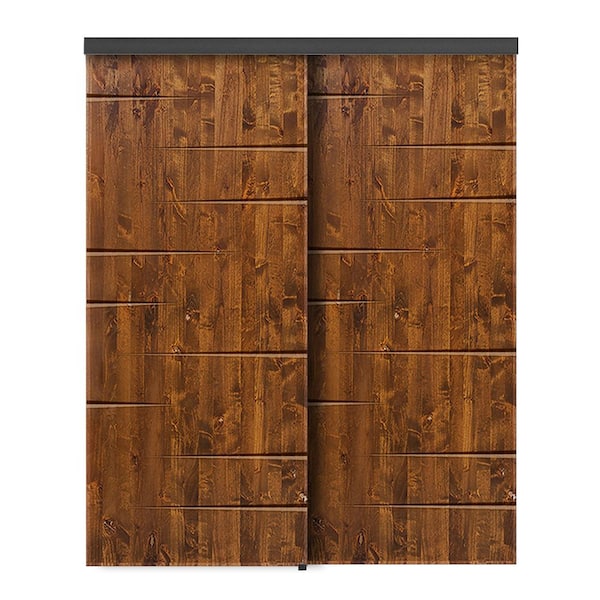 CALHOME 72 in. x 80 in. Hollow Core Walnut Stained Pine Wood Interior Double Sliding Closet Doors