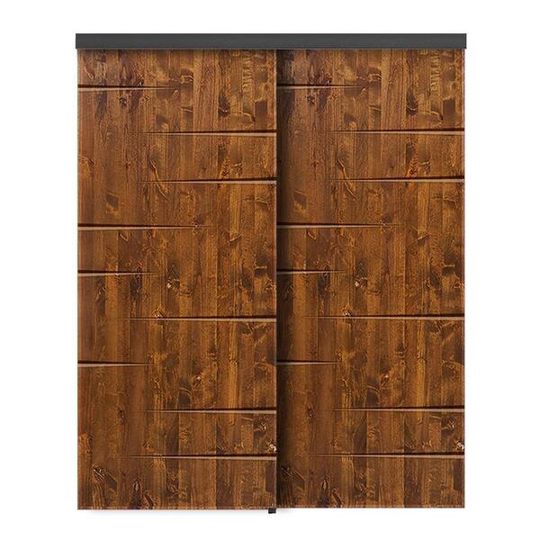 60 in. x 84 in. Hollow Core Walnut Stained Pine Wood Interior Double Sliding Closet Doors