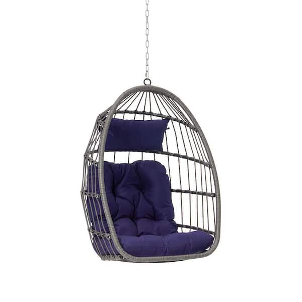 Sudzendf Modern Outdoor Garden Wood Rattan Egg Swing Chair Hanging Chair Porch Swing with Dark Blue Cushion