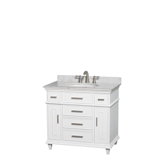 Wyndham Collection Berkeley 36 in. Vanity in White with Marble Vanity Top in Carrara White and Oval Basin