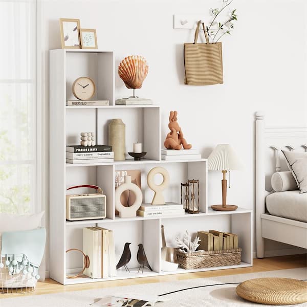 64 in. Tall White Home Wood 4-tier Ladder Bookcase Freestanding Storage Shelf w/Open Cubes 2 Anti-tipping Devices