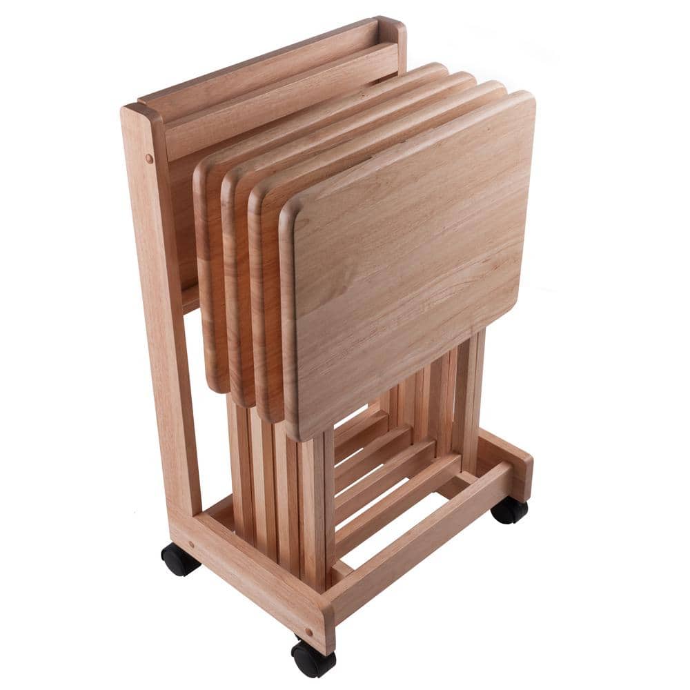 Natural Wood 5-Piece Snack Table Set with Serving Cart