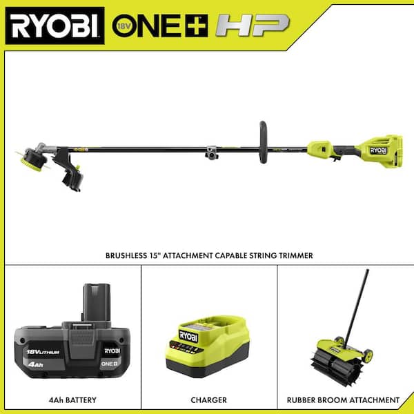 ONE+ HP 18V Brushless 15 in. Attachment Capable String Trimmer & Rubber Sweeper Attachment w/ 4.0 Ah Battery & Charger