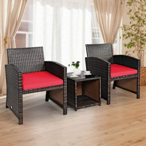 (3-Piece) Rattan Wicker Patio Conversation Sofa Set with Red Cushions and Tempered Glass Coffee Table for Garden
