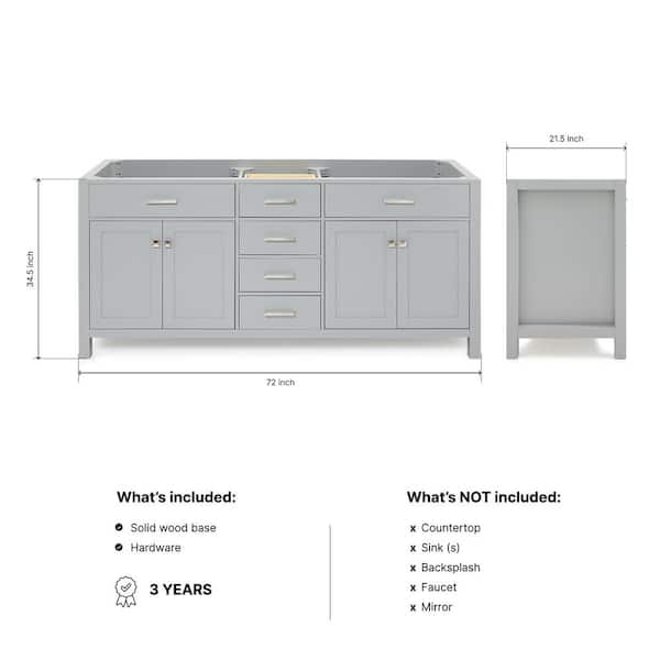 Bristol 72 in. W x 21.5 in. D x 34.5 in. H Double Freestanding Bath Vanity Cabinet without Top in Gray