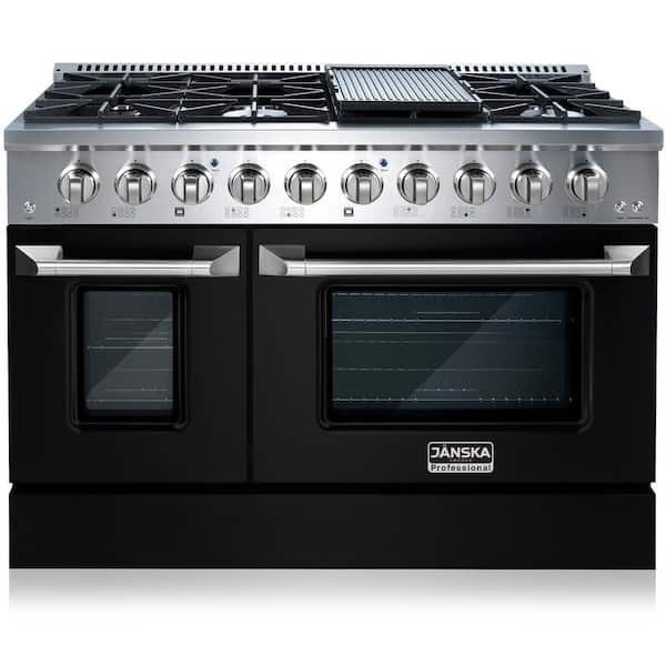 JANSKA Professional Series 48 in., 8-Burners, Freestanding, 6.7 cu. ft. Double Oven Gas Range with Griddle in Matte Black