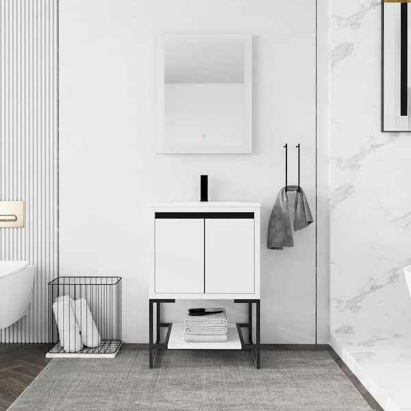 Unbranded 24 in. W x 18 in. D x 35 in. H Single Sink Freestanding Bath Vanity in White with White Cultured Marble Top