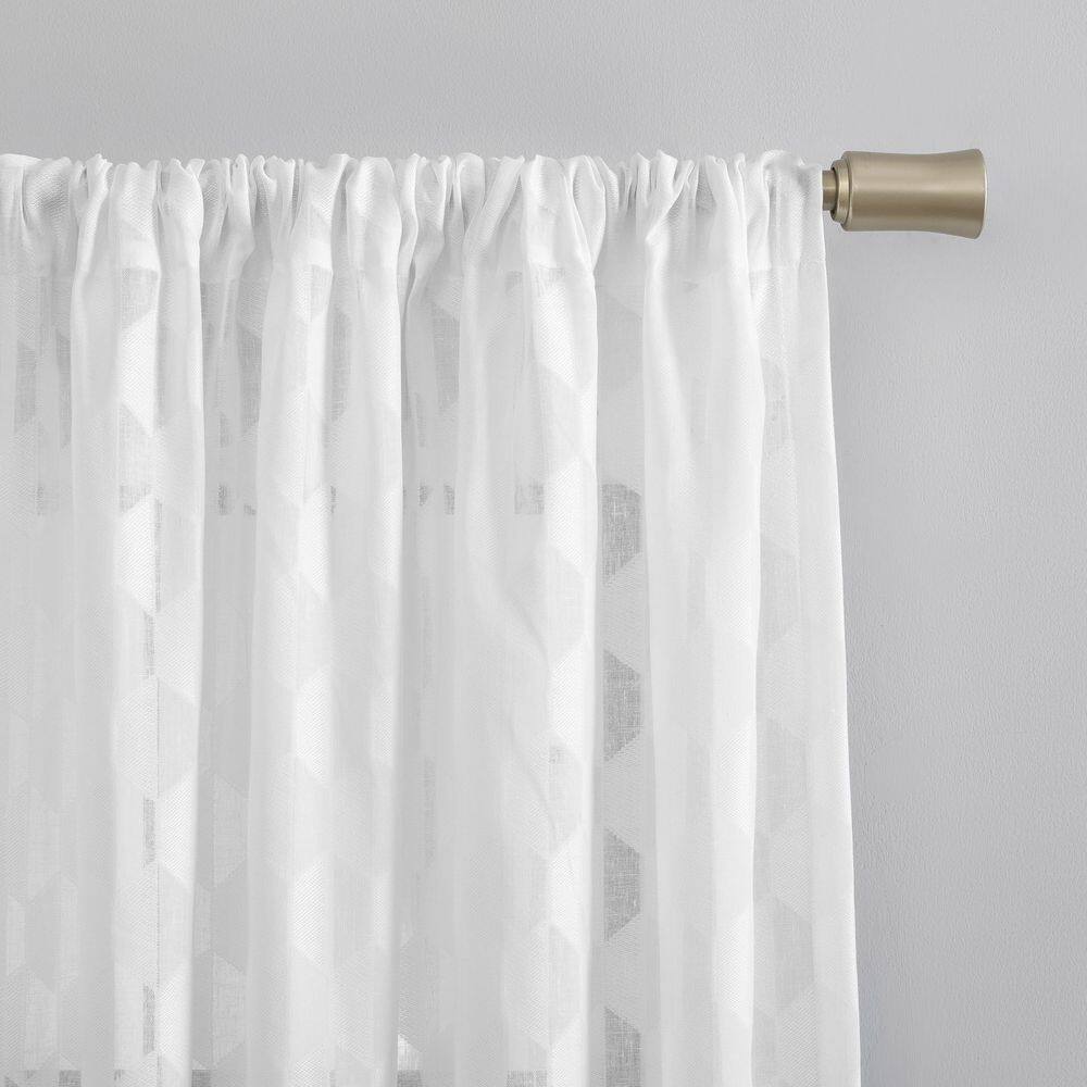 White Geometric Clipped Jacquard Light-Filtering Rod Pocket Curtain Panel