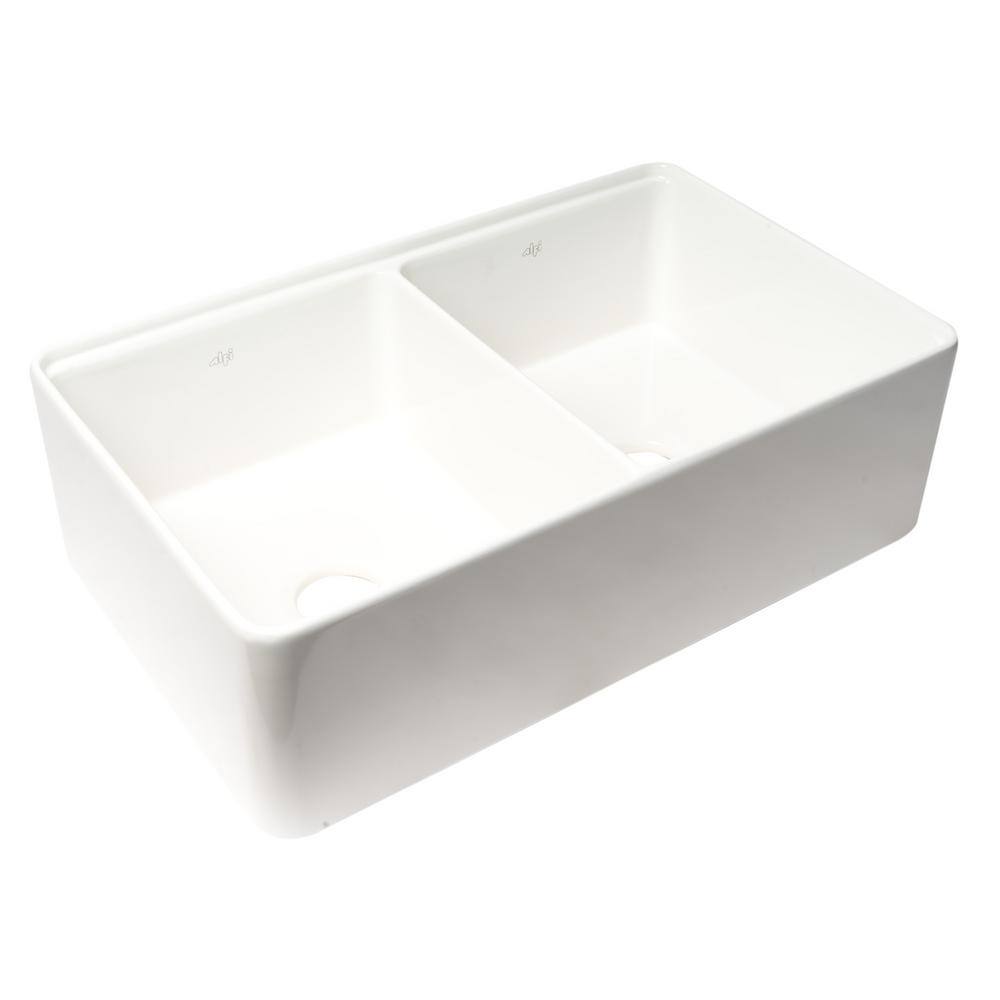 White 33" Double Bowl Fireclay Farmhouse Workstation Sink