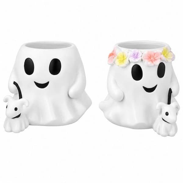 2 Piece 13 fl. oz. White Resin Halloween Ghosts Buckets, Ghost Walking Dog Candy Bowl, Sugar Bowl