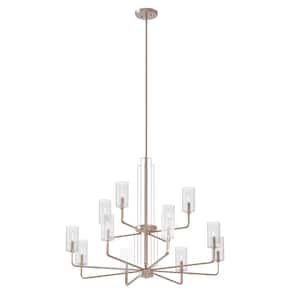 Kimrose 40.5 in. 12-Light Polished Nickel with Satin Nickel Art Deco Candlestick Cylinder Chandelier for Dining Room