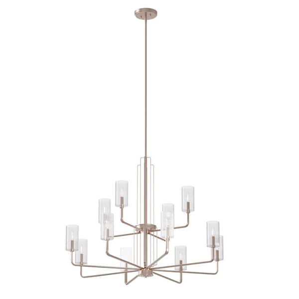 Kimrose 40.5 in. 12-Light Polished Nickel with Satin Nickel Art Deco Candlestick Cylinder Chandelier for Dining Room