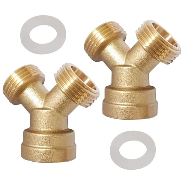 Brass 3/4 in GHT Y-Shaped 2-Way Garden Hose Splitter with Washer, 2-Piece Pack for Backyard Dual Hose Connection