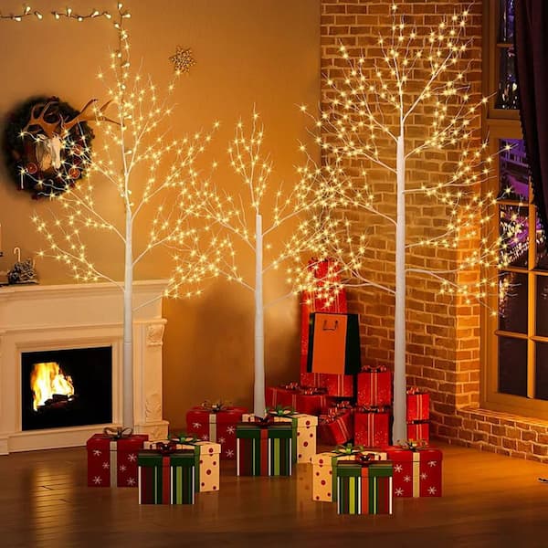 Lighted Birch Tree Set of 3, 4 ft., 5 ft., 6 ft. Birch Tree Lights, Artificial Christmas Tree Inside Outside Warm White