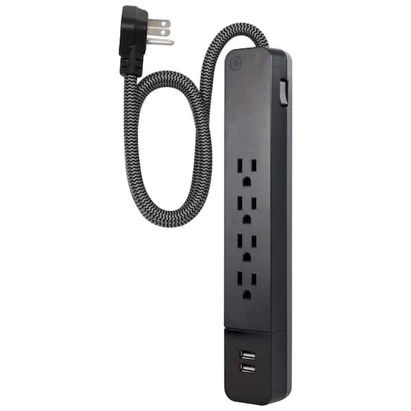 GE 3 ft. 4-Outlet 2 USB Surge Protector with Braided Cord Black