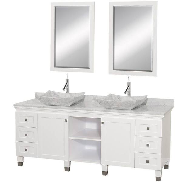 Wyndham Collection Premiere 72 in. Double Vanity in White with Marble Vanity Top in White Carrara, Sinks and Mirrors