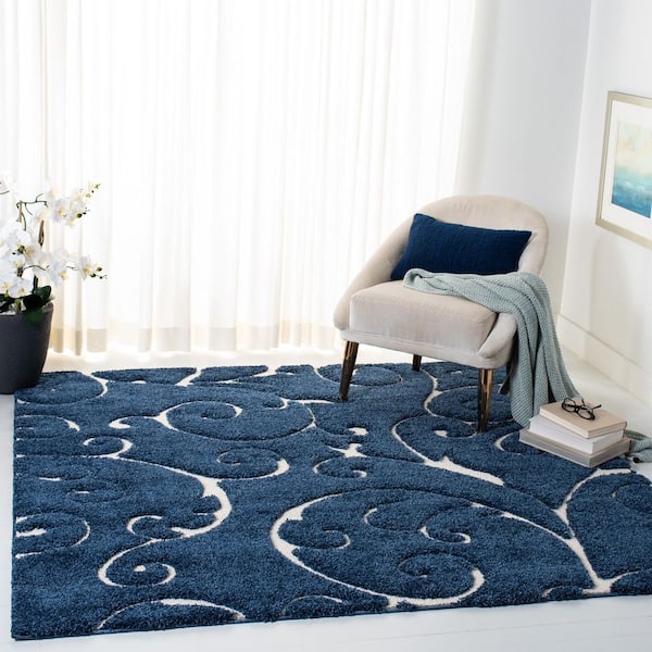 Florida Shag 11 ft. x 11 ft. Dark Blue/Cream Scroll Square Rug