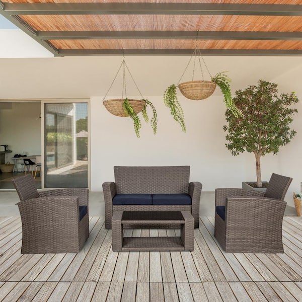 Hudson 4-Piece Gray Wicker Outdoor Patio Loveseat and Armchair Conversation Set with Navy Blue Cushions and Coffee Table