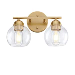 13.33 in. 2-Light Brass Bathroom Vanity Light with Clear Glass Shades