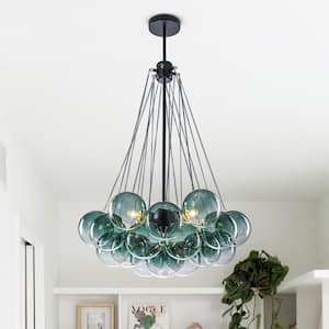 3-Light 15.7 in. Green Gradient Globe Pendant Light Matte Black Frame Chandelier for Living Room Kitchen Island
