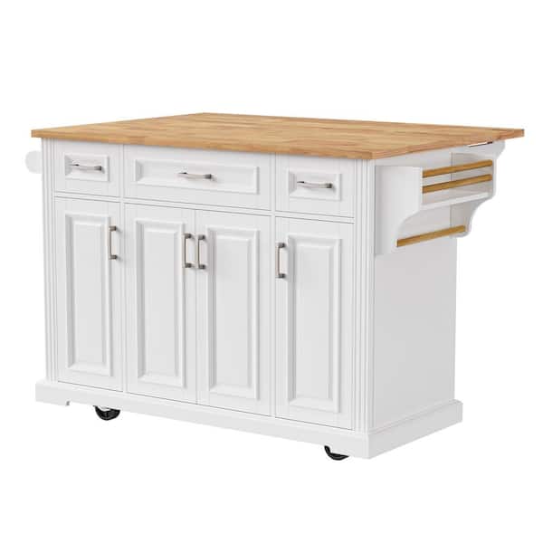 HMMHVV White Wood 54.1 in. Tabletop Rolling Kitchen Island with Drop Leaf, Drawers and Cabinet, Mobile Kitchen Cart on Wheels