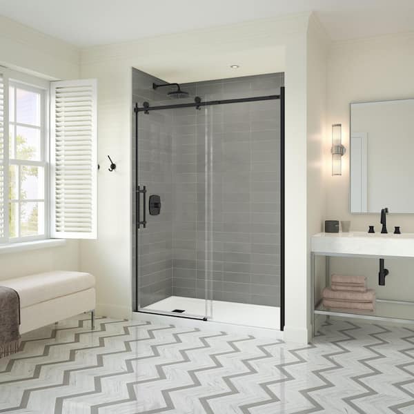 MAAX Odyssey 60 in. x 32 in. x 78 in. Alcove Shower Kit with Sliding Frameless Shower Door in Black, Left Drain Shower Pan