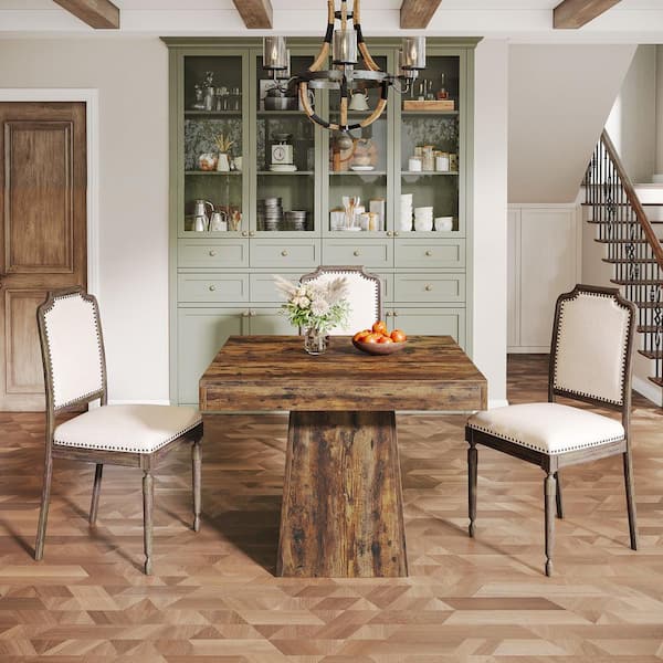 BYBLIGHT 31.5 in. Rustic Brown Wood Pedestal Dining Table Seats 4, Square Dinner Table Small Kitchen Table for Dining Room