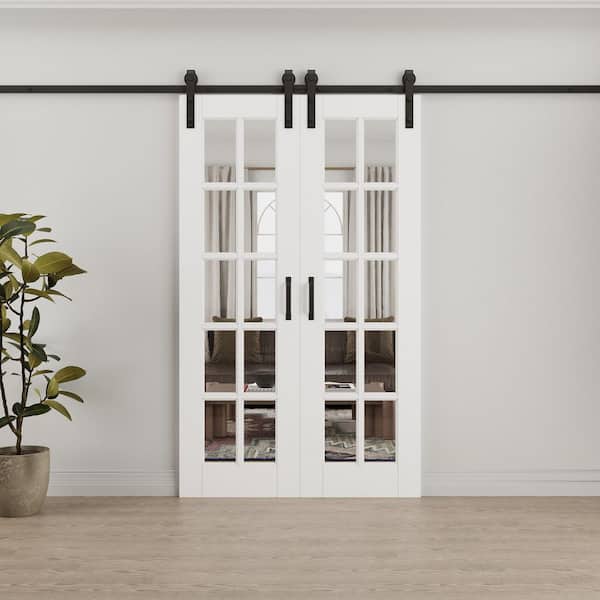 48 in. x 80 in. 10-Lite Tempered Clear Glass White Primed MDF Composite Sliding Barn Door with Hardware Kit