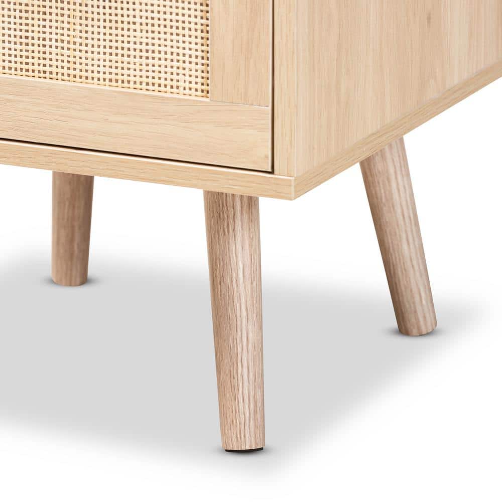 Light Oak Brown 16" Wood and Rattan Nightstand with Gold-Tone Handles
